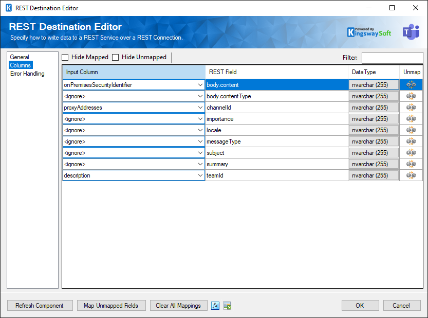 SSIS REST Microsoft Teams Destination - Columns